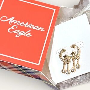 American Eagle Pearl 1” Earrings Post Gold Tone Celestial Moon Stars Crystals